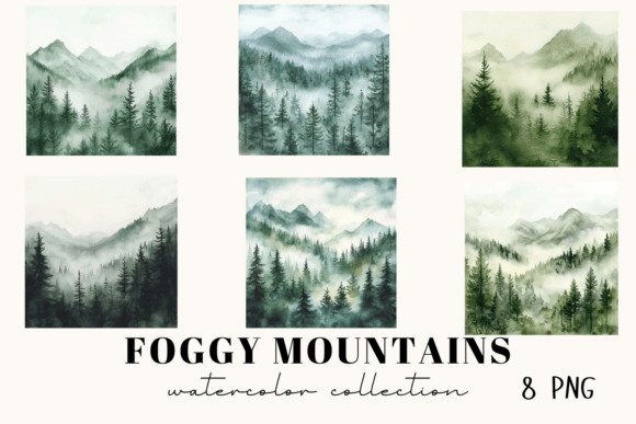 Elevate Your Designs with Watercolor Foggy Mountains Clipart
